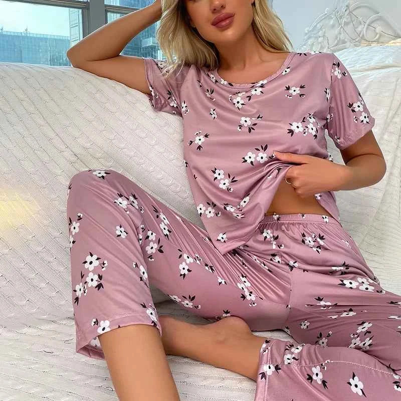 Women's Cartoon Pajama Set - Soft Short Sleeve Top and Long Pants Sleepwear for Ladies Homewear