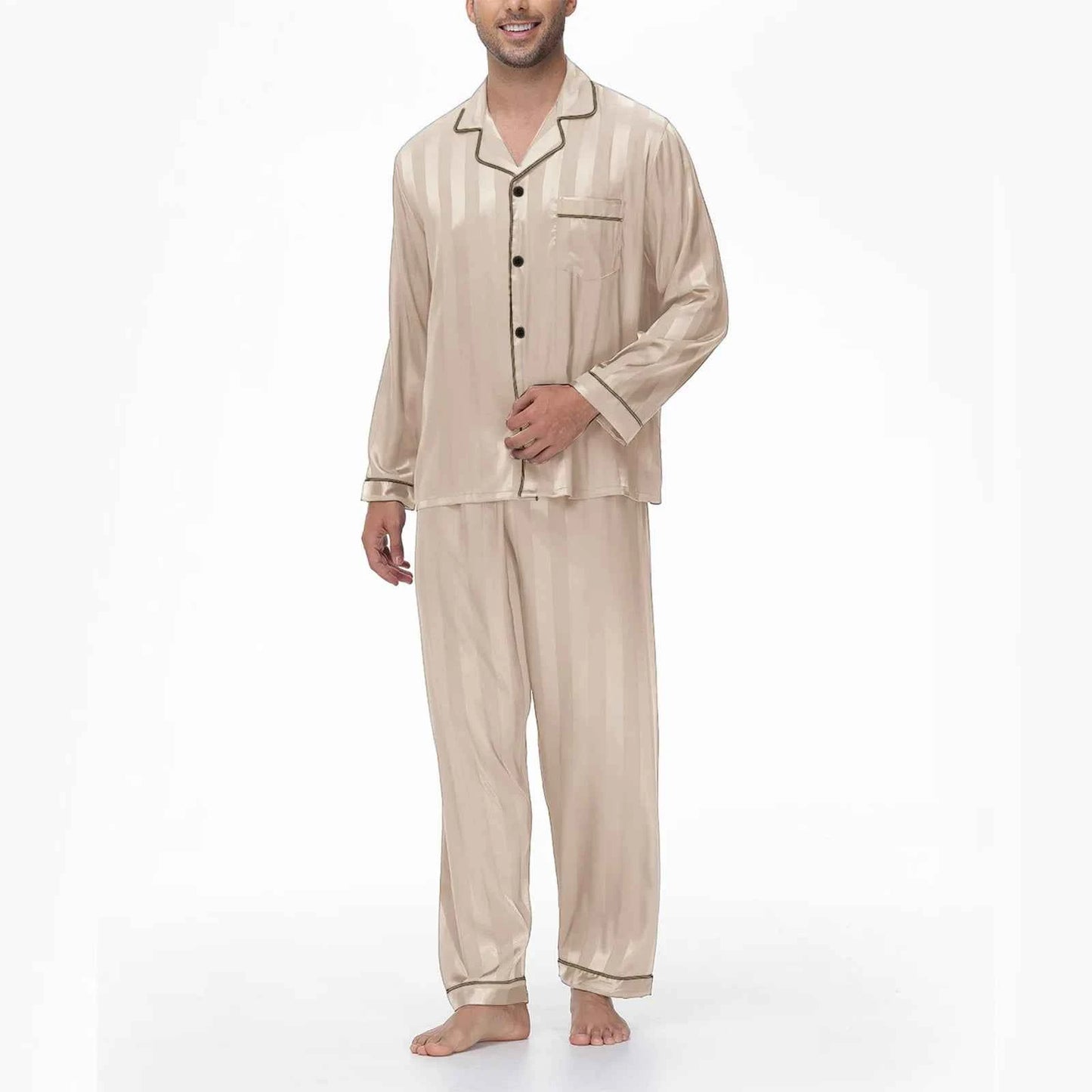 Men's Silk Satin Pajamas Set - Long Sleeve Sleepwear for Men, Soft Loungewear, S-2XL, Spring Nightwear Champagne-Stripe