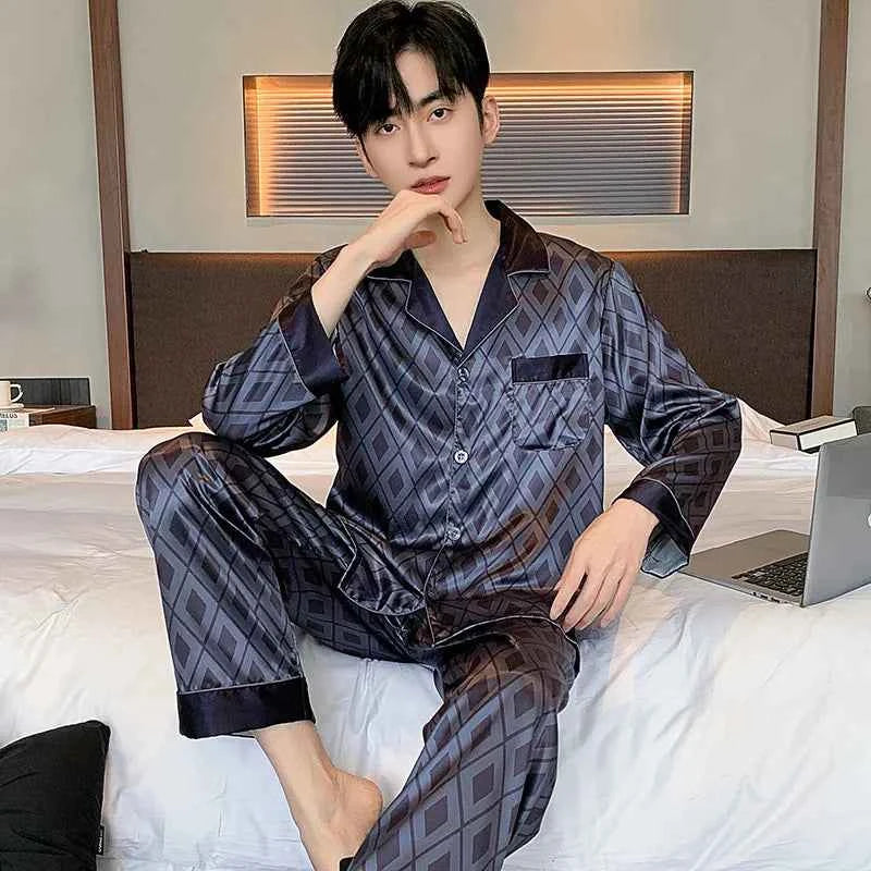 Men's Ice Silk Pajamas Set - Thin Long-sleeved Sleepwear for Spring and Autumn SY2074-511