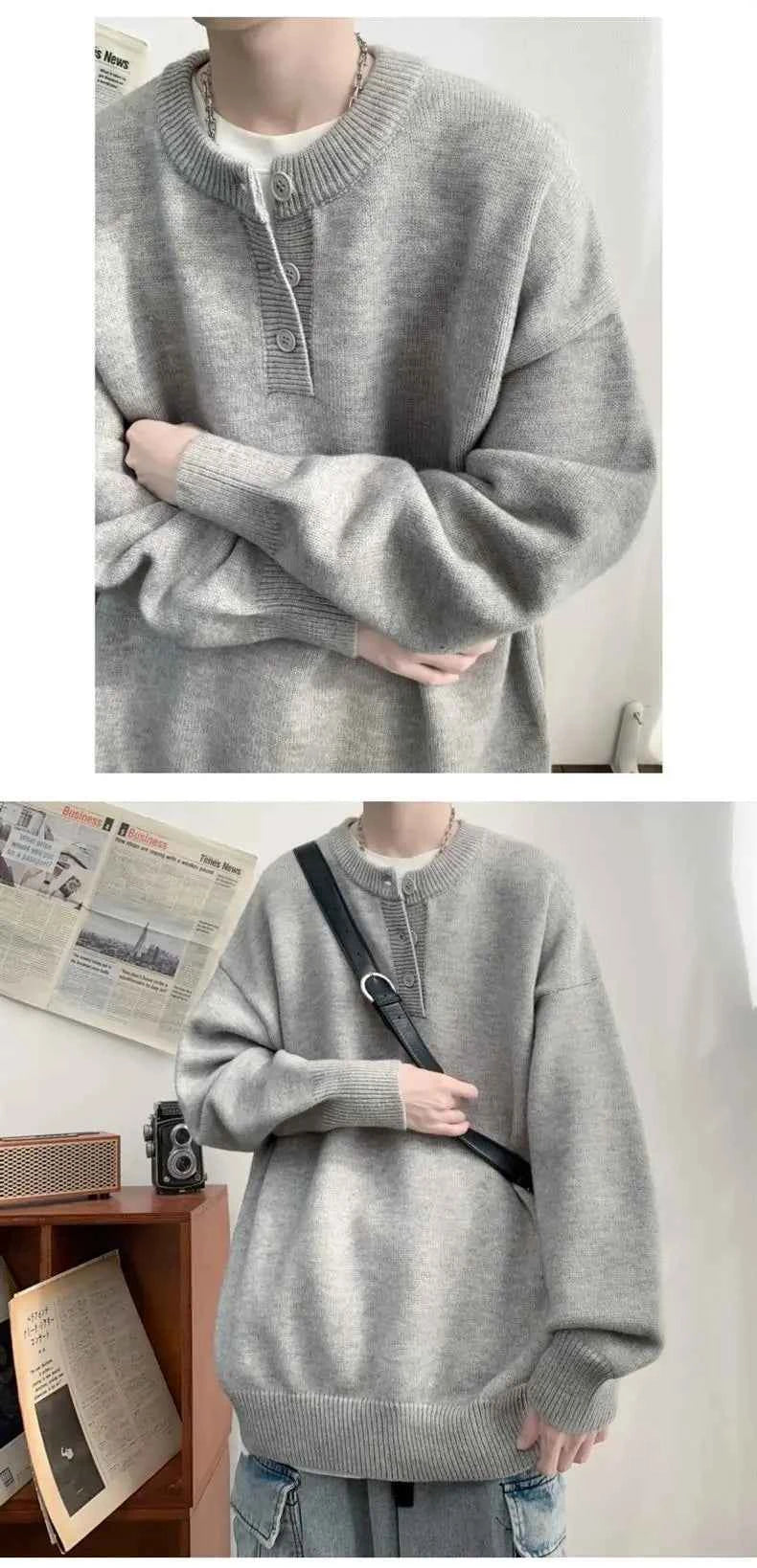 Cleanfit Men's Winter Thickened Warm Knitted Sweater Henry Collar Loose Lazy Style Solid Color Knitwear Long Sleeve Princess...