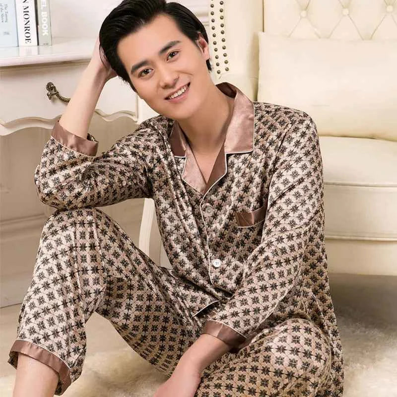 Men's Ice Silk Pajamas Set - Thin Long-sleeved Sleepwear for Spring and Autumn SY5004-06-long