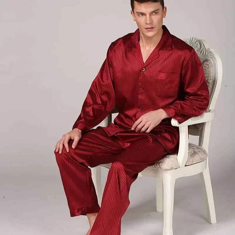 Silk Satin Pajamas for Men Sleepwear Cozy Soft Print Long Sleeve Nightgown Tops+ Trousers Two Pieces Mens Pajama Set Red
