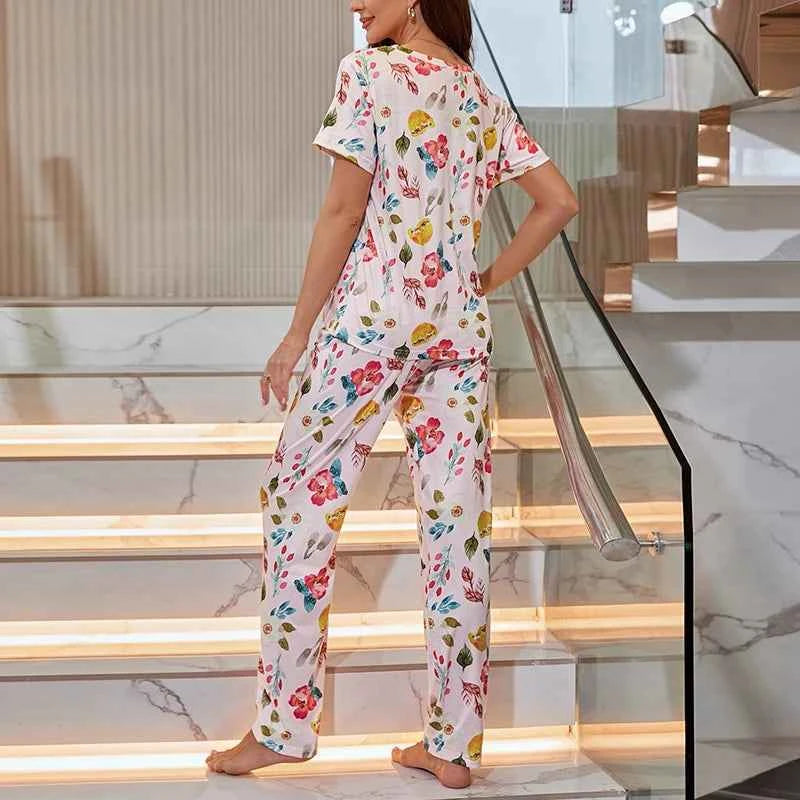 Women's Cartoon Pajama Set - Soft Short Sleeve Top and Long Pants Sleepwear for Ladies Homewear