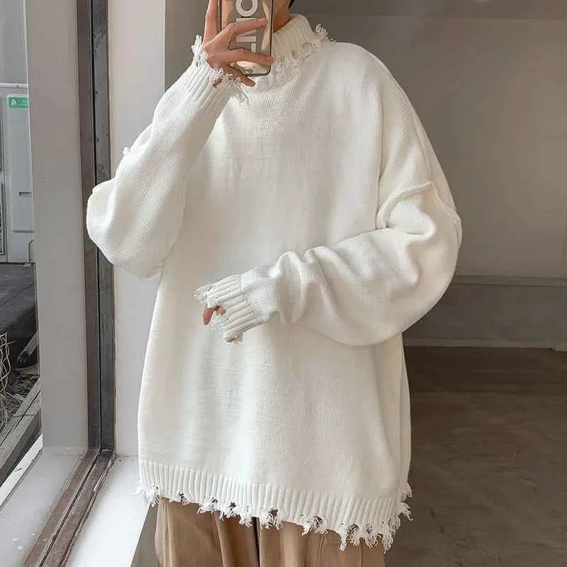 Sweaters for Men and Women, Ripped Edges, Irregular Frayed Sweaters, Couples Trend, Loose Half High Collar Autumn and Winter WHITE CHINA