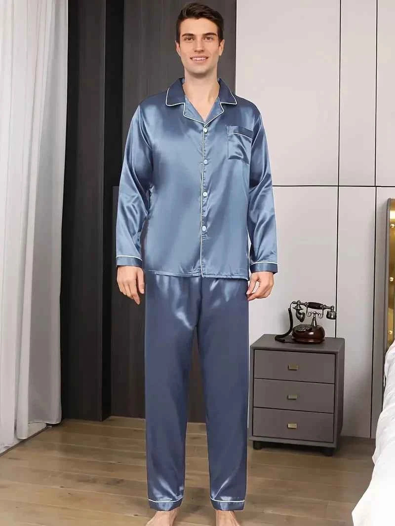 Men's Satin Pajama Set with Linter Lapel Collar, Long Sleeve Tops & Pants Sleepwear for Autumn Loungewear Fog blue