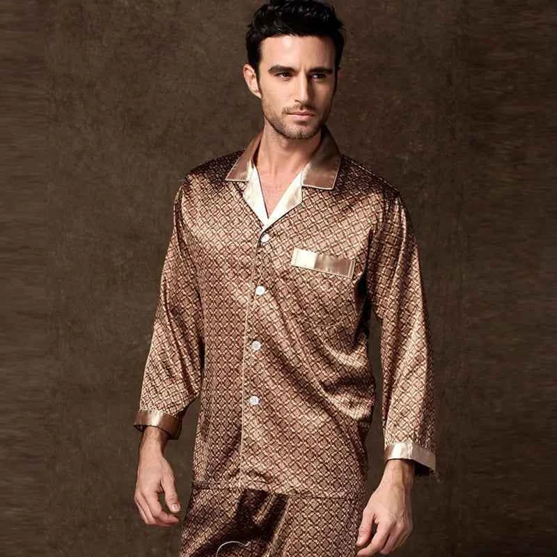 Men's Ice Silk Pajamas Set - Thin Long-sleeved Sleepwear for Spring and Autumn