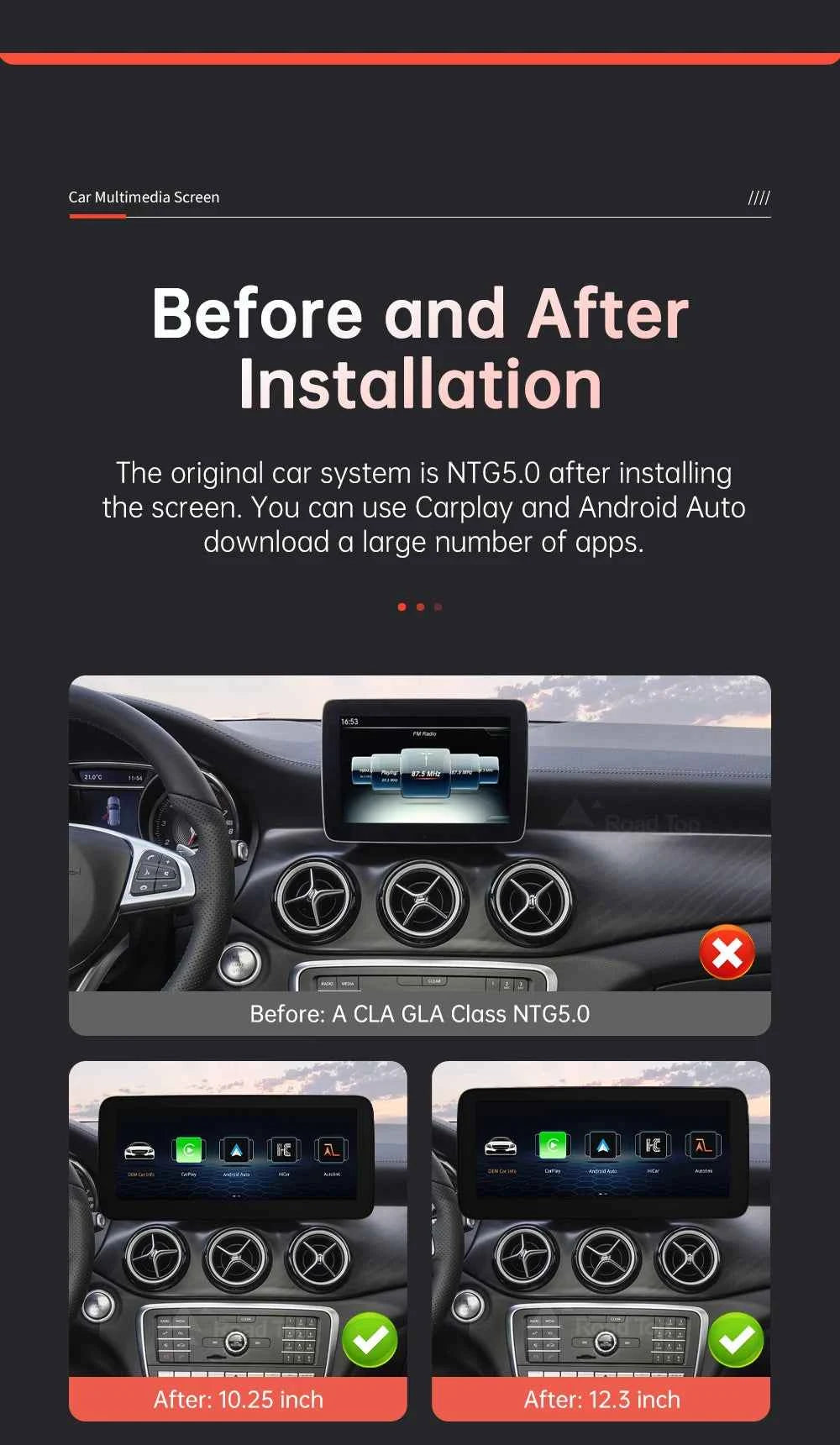 RoadTop Wireless CarPlay Display for Mercedes-Benz CLA GLA A Class W176 2016-2018 NTG5.0 TouchScreen