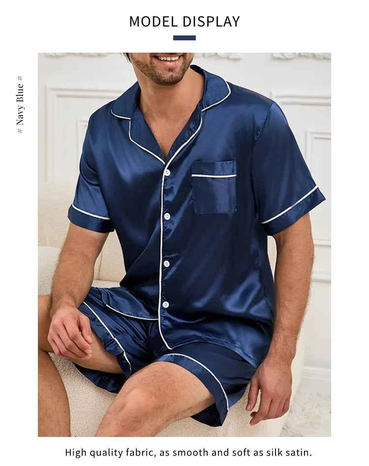 Men's Satin Pajama Set - Short Sleeve Sleepwear for Men with Button