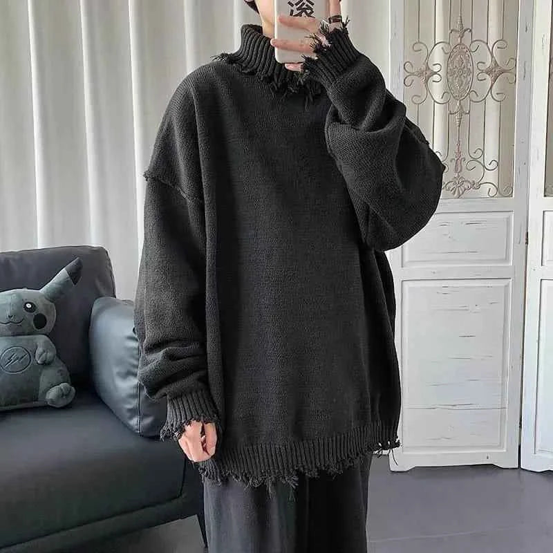 Sweaters for Men and Women, Ripped Edges, Irregular Frayed Sweaters, Couples Trend, Loose Half High Collar Autumn and Winter black CHINA