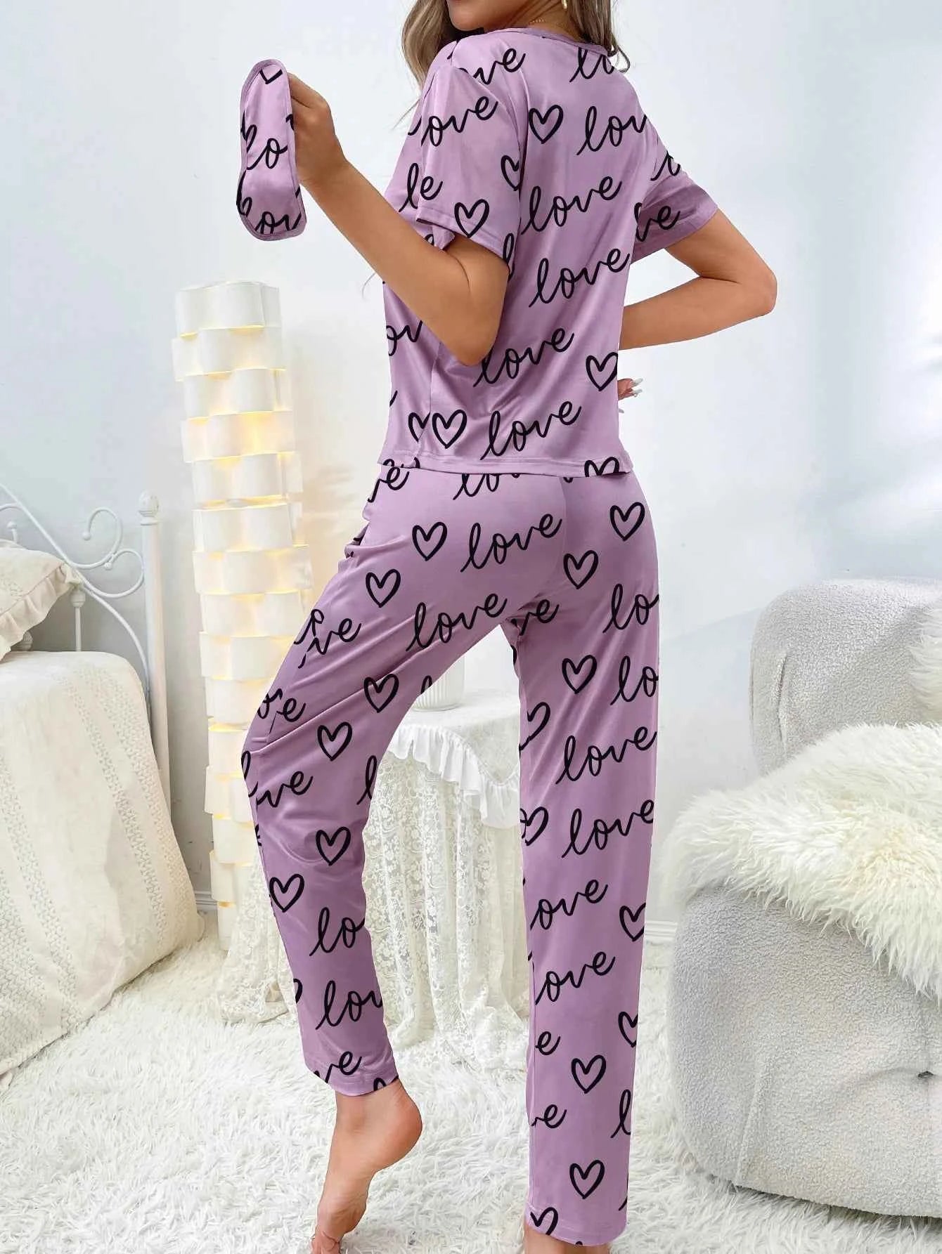 New Women's Pajamas Love Pattern, Casual Short Sleeve Trousers