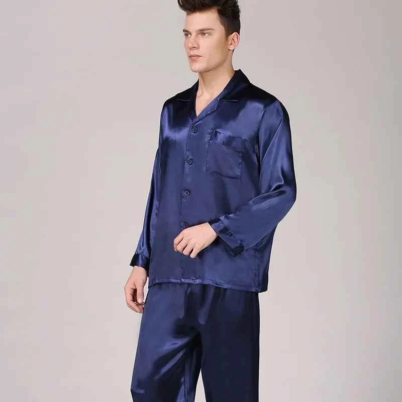 Silk Satin Pajamas for Men Sleepwear Cozy Soft Print Long Sleeve Nightgown Tops+ Trousers Two Pieces Mens Pajama Set 1 11