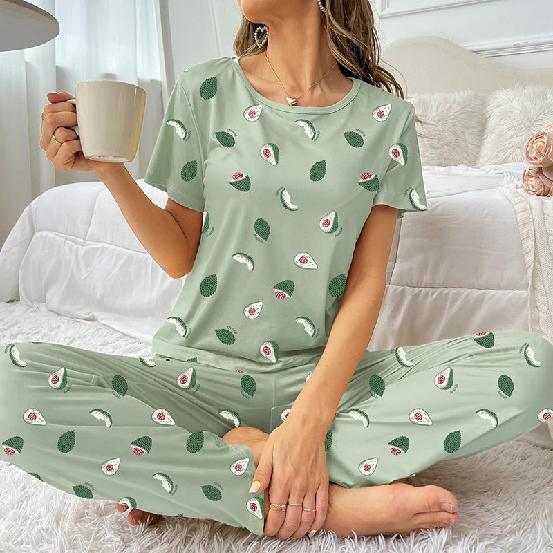 Women's Cartoon Pajama Set - Soft Short Sleeve Top and Long Pants Sleepwear for Ladies Homewear 0923A Green
