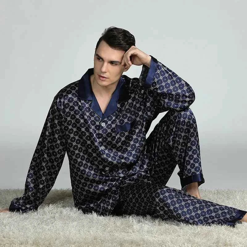 Silk Satin Pajamas for Men Sleepwear Cozy Soft Print Long Sleeve Nightgown Tops+ Trousers Two Pieces Mens Pajama Set Navy blue