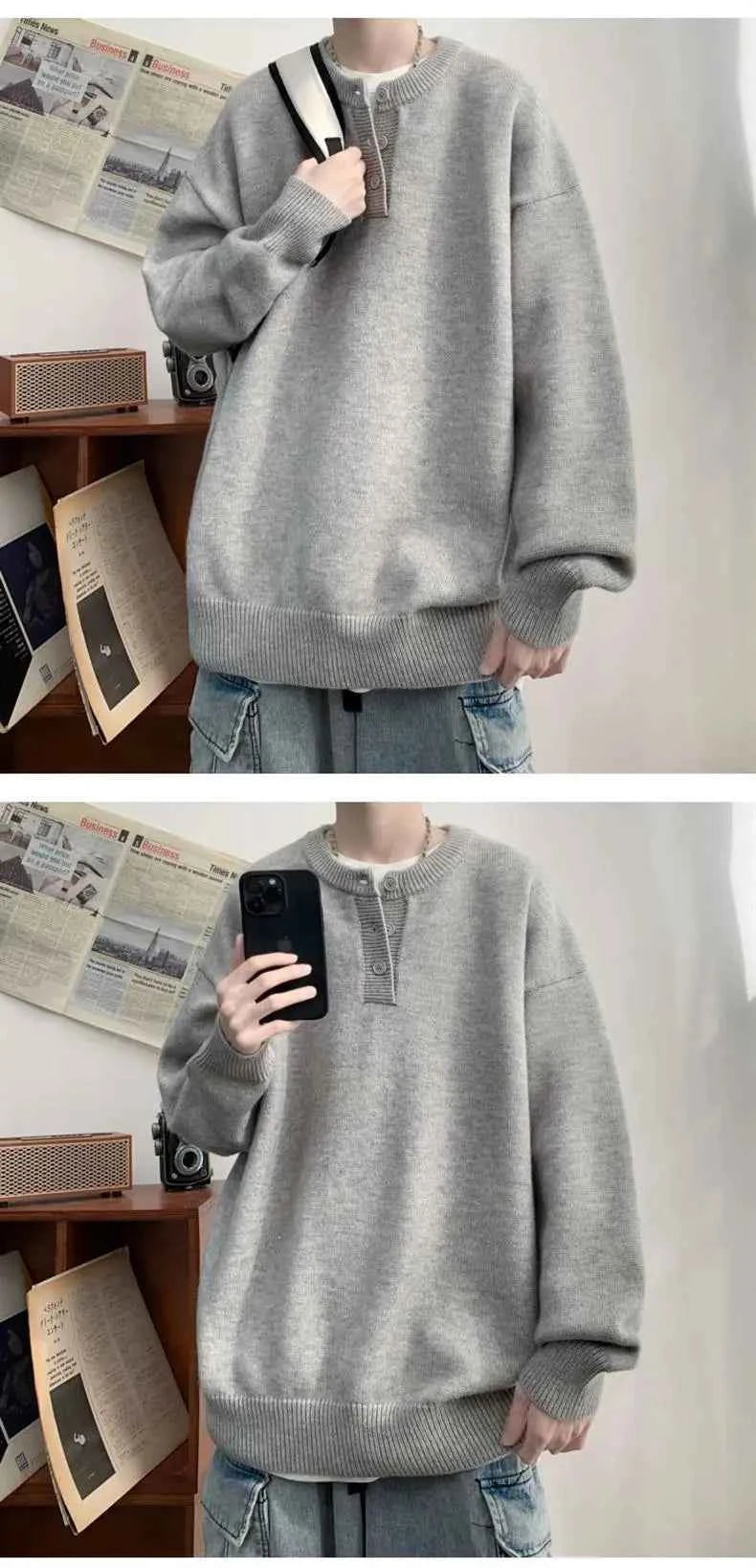 Cleanfit Men's Winter Thickened Warm Knitted Sweater Henry Collar Loose Lazy Style Solid Color Knitwear Long Sleeve Princess...