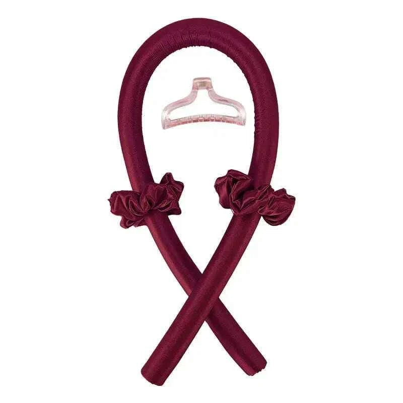 Heatless Curling Headband - Soft Silk Curls with No Heat Ribbon Hair Rollers for Effortless Hair Styling Wine Red with Clip CHINA