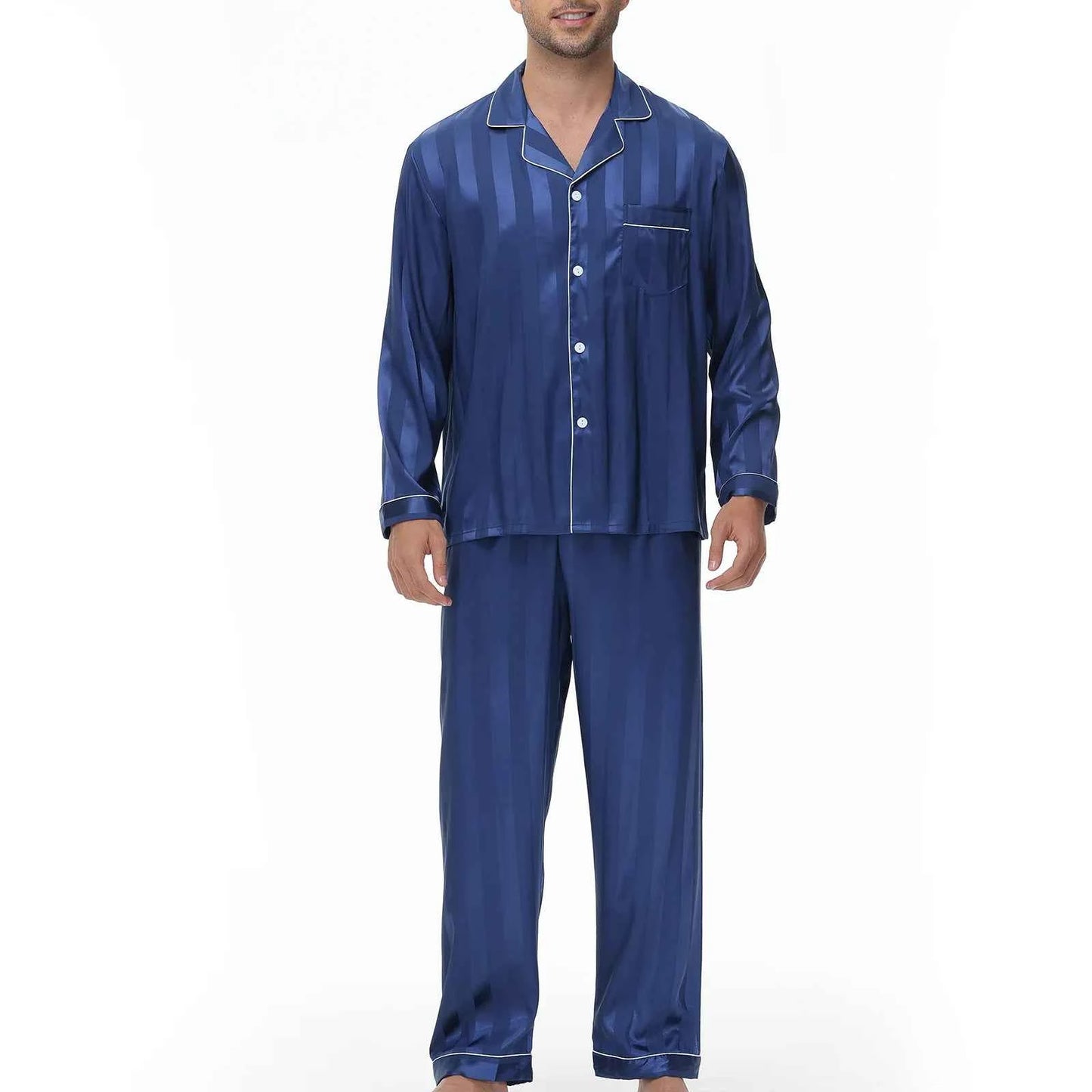 Men's Silk Satin Pajamas Set - Long Sleeve Sleepwear for Men, Soft Loungewear, S-2XL, Spring Nightwear Navy Blue-Stripe
