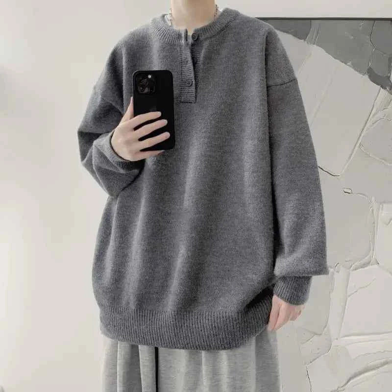 Cleanfit Men's Winter Thickened Warm Knitted Sweater Henry Collar Loose Lazy Style Solid Color Knitwear Long Sleeve Princess...
