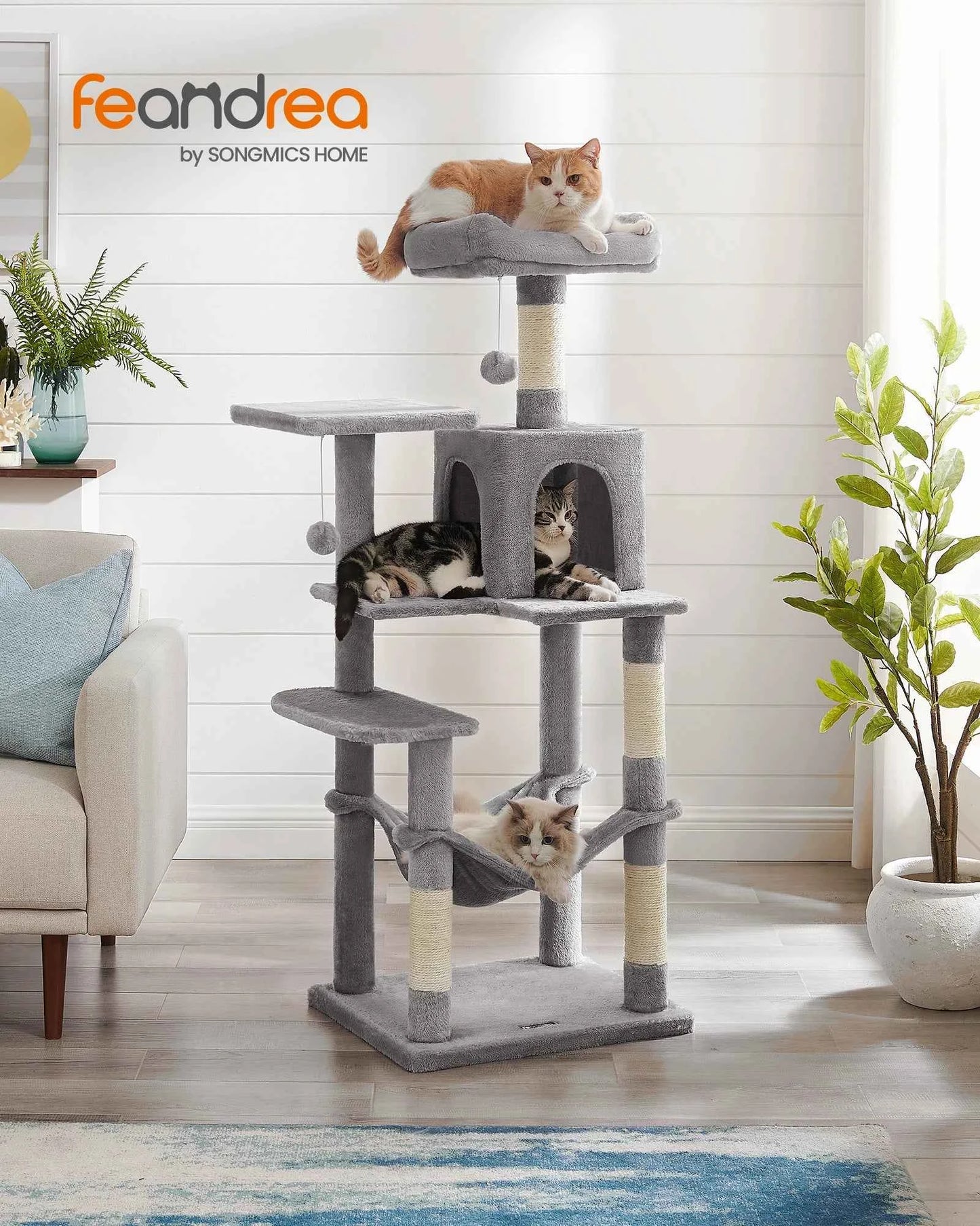 Feandrea Cat Tree for Indoor Cats - 56.3-Inch Multi-Level Cat Tower with 4 Scratching Posts, 2 Perches, Hammock, and Cave