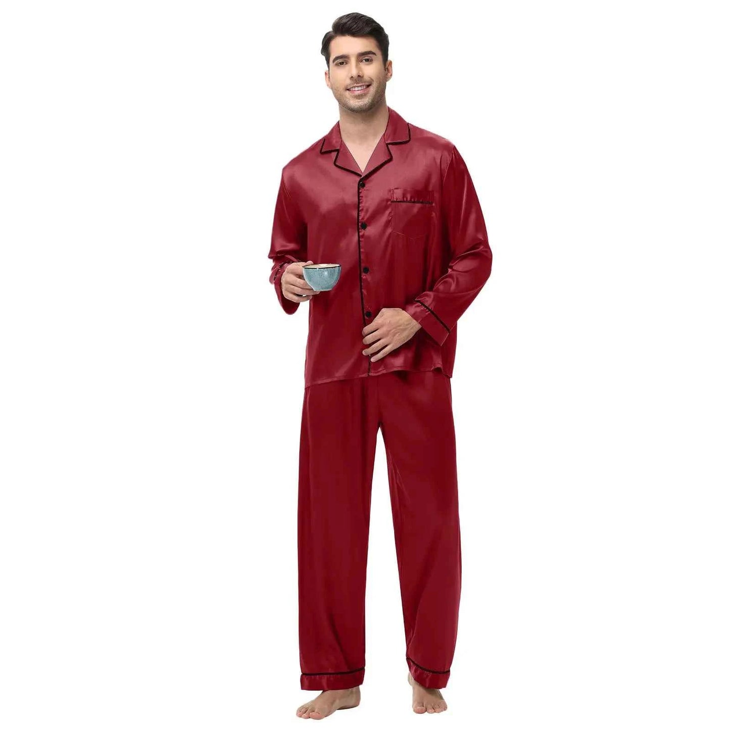 Men's Silk Satin Pajamas Set - Long Sleeve Sleepwear for Men, Soft Loungewear, S-2XL, Spring Nightwear