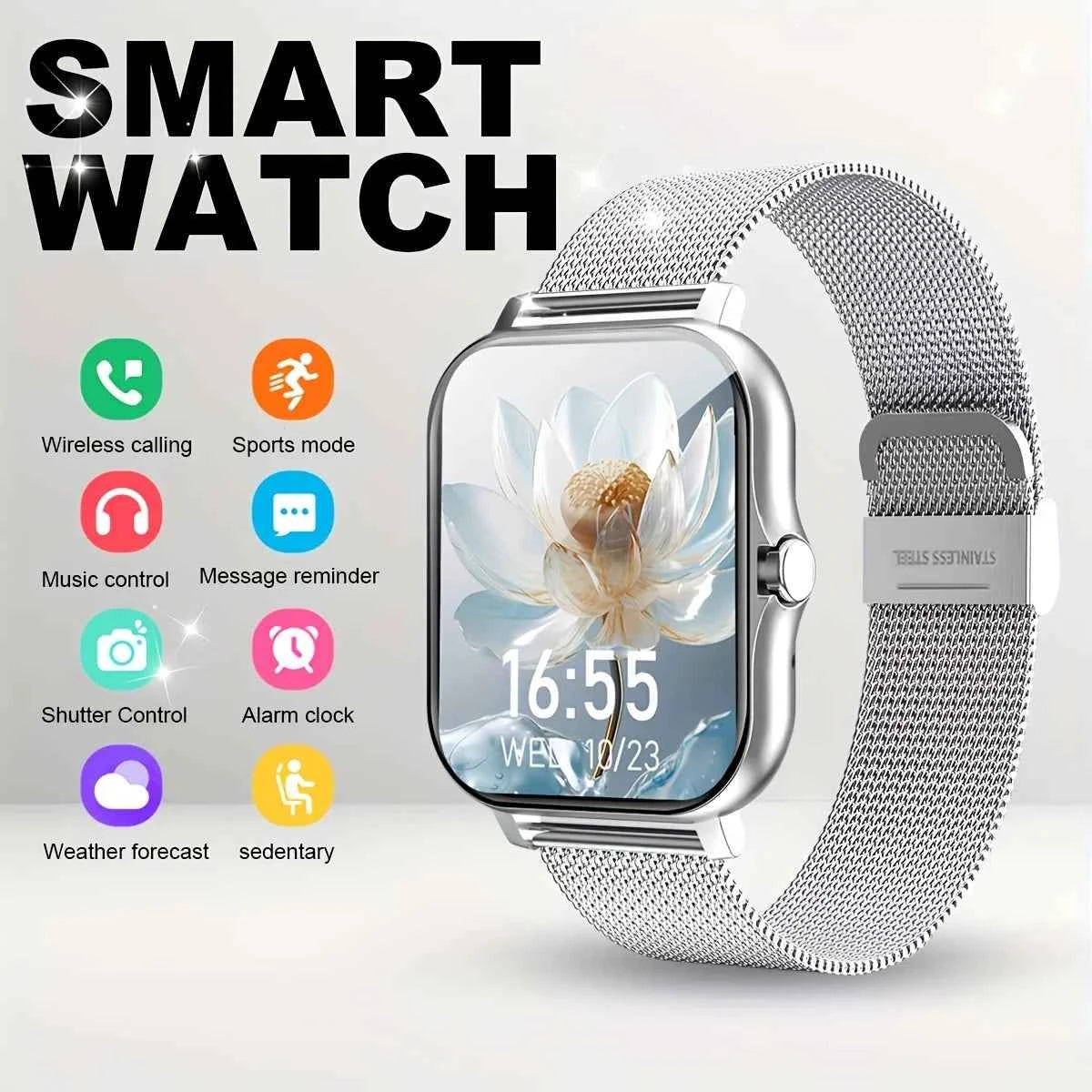 2025New Upgrad Smart Watch For Men Women 1.83Inch Full Touch Display BT Call Sports Monitoring SmartWatch For Android&IOS Phone Silver Mesh Belt Sports Smart Watch