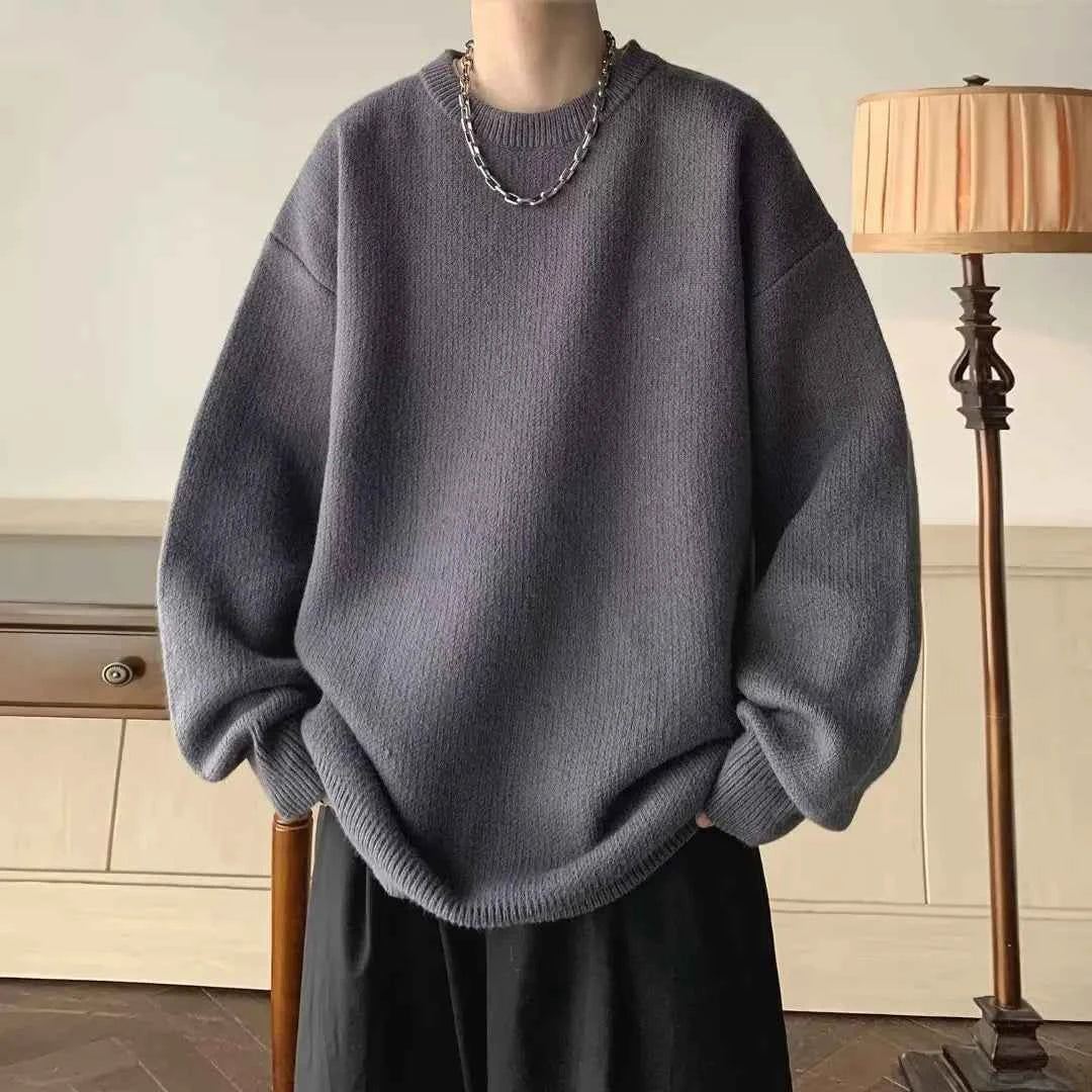 Winter Sweater Men Warm Casual Solid Color Knitted Pullover Men Oversized Korean Loose Round Neck Sweater Mens Jumper Clothes GRAY