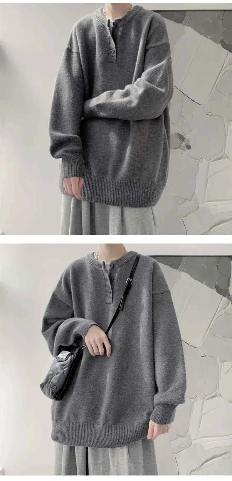Cleanfit Men's Winter Thickened Warm Knitted Sweater Henry Collar Loose Lazy Style Solid Color Knitwear Long Sleeve Princess...
