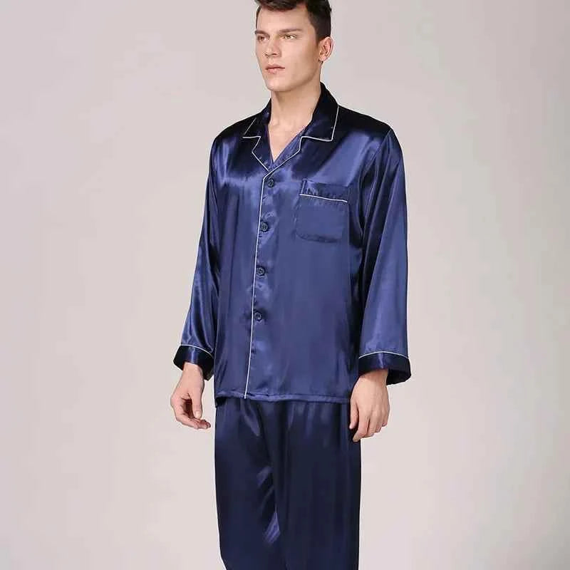 Silk Satin Pajamas for Men Sleepwear Cozy Soft Print Long Sleeve Nightgown Tops+ Trousers Two Pieces Mens Pajama Set 1 10