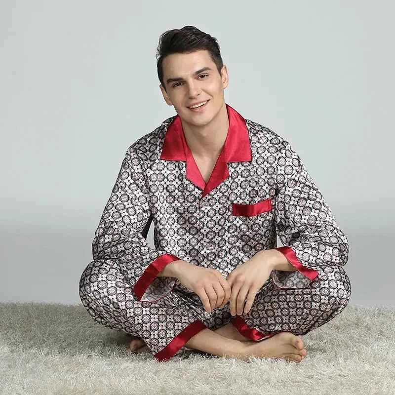 Silk Satin Pajamas for Men Sleepwear Cozy Soft Print Long Sleeve Nightgown Tops+ Trousers Two Pieces Mens Pajama Set 1