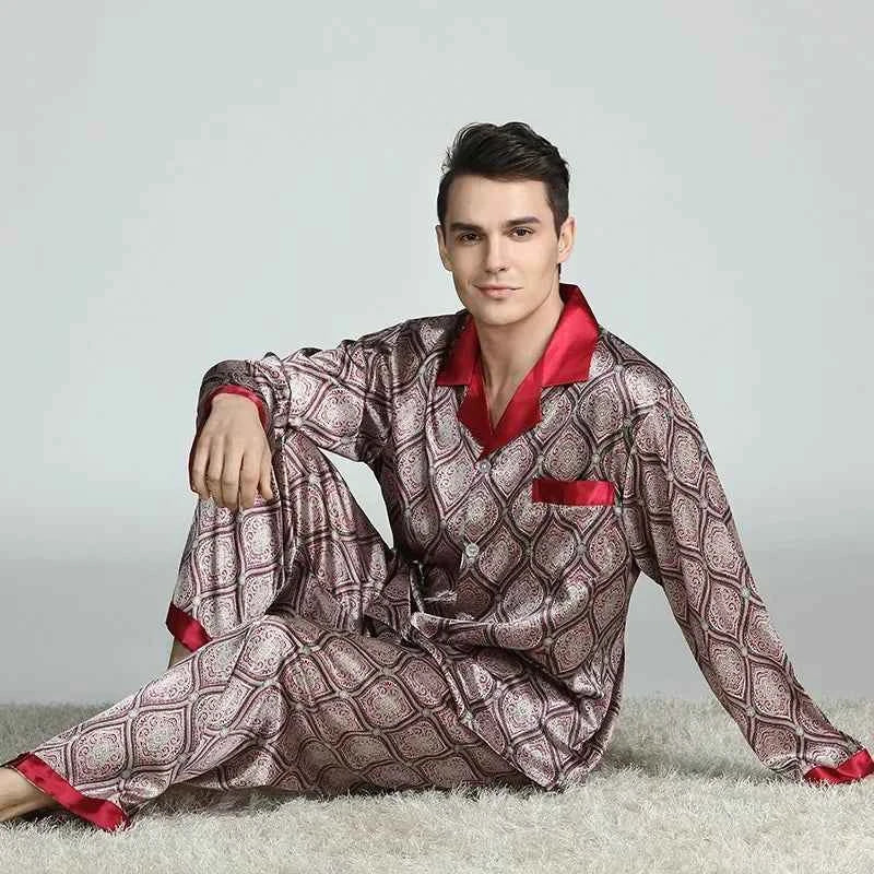 Silk Satin Pajamas for Men Sleepwear Cozy Soft Print Long Sleeve Nightgown Tops+ Trousers Two Pieces Mens Pajama Set 1 1