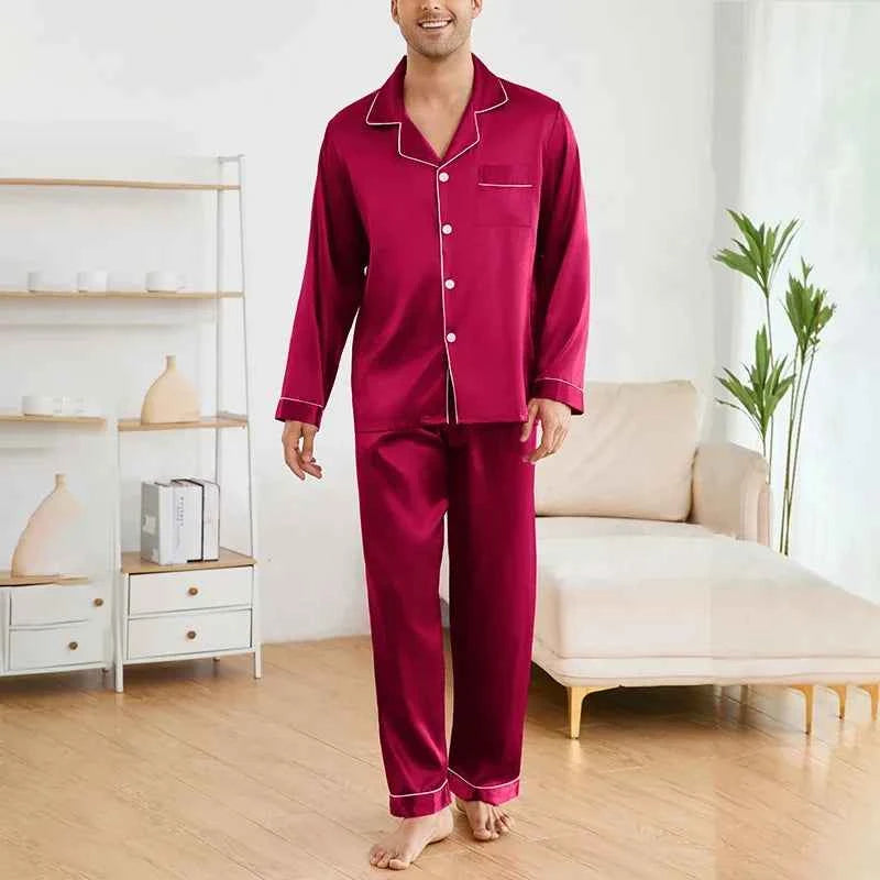 Men's Satin Pajama Sets - Long Sleeve Top and Trouser Loungewear