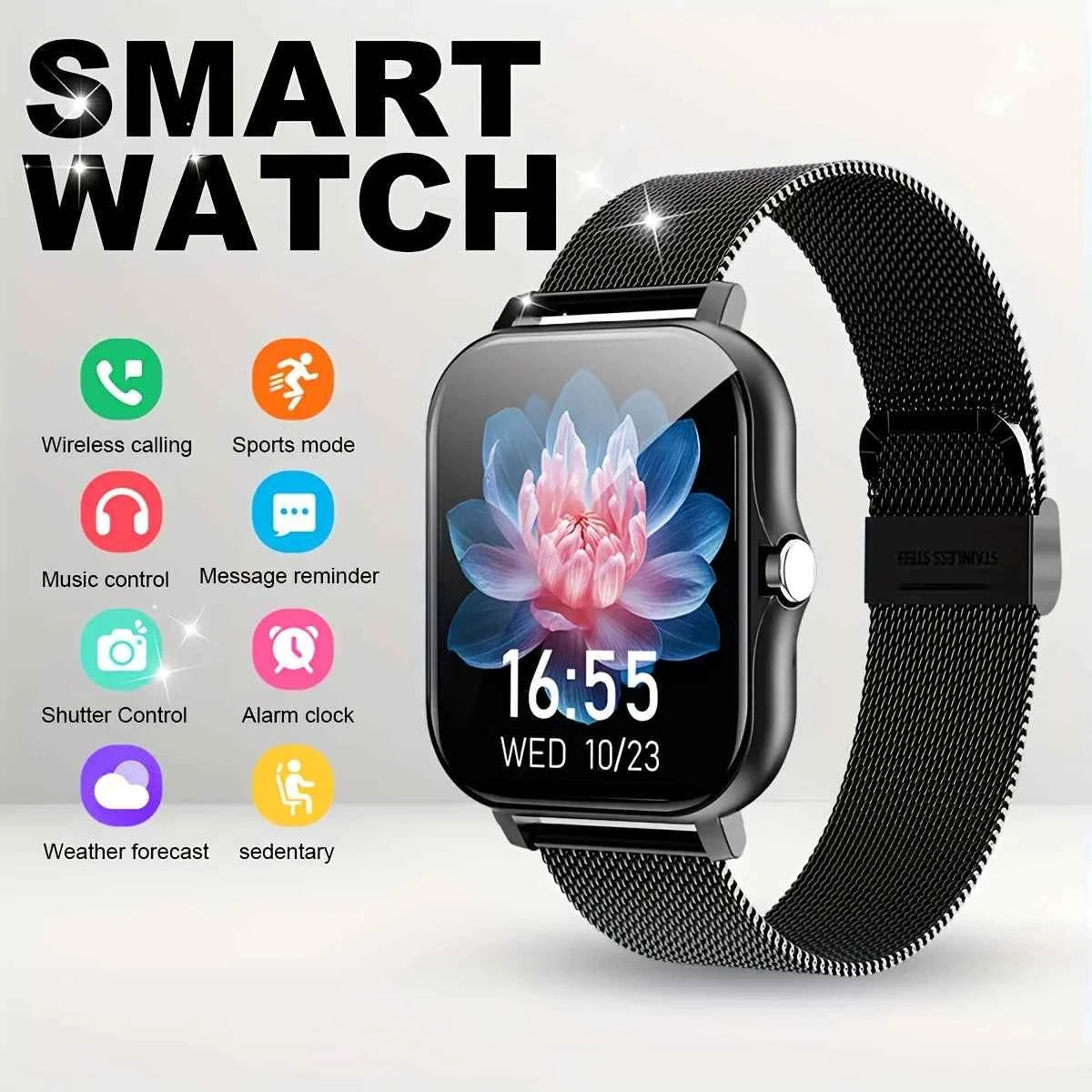 2025New Upgrad Smart Watch For Men Women 1.83Inch Full Touch Display BT Call Sports Monitoring SmartWatch For Android&IOS Phone Black Mesh Belt Sports Smart Watch