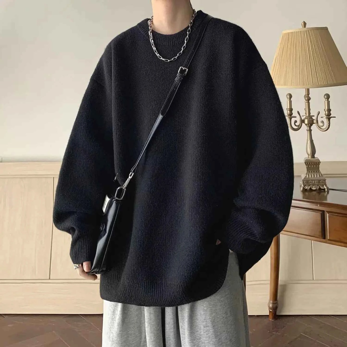 Winter Sweater Men Warm Casual Solid Color Knitted Pullover Men Oversized Korean Loose Round Neck Sweater Mens Jumper Clothes