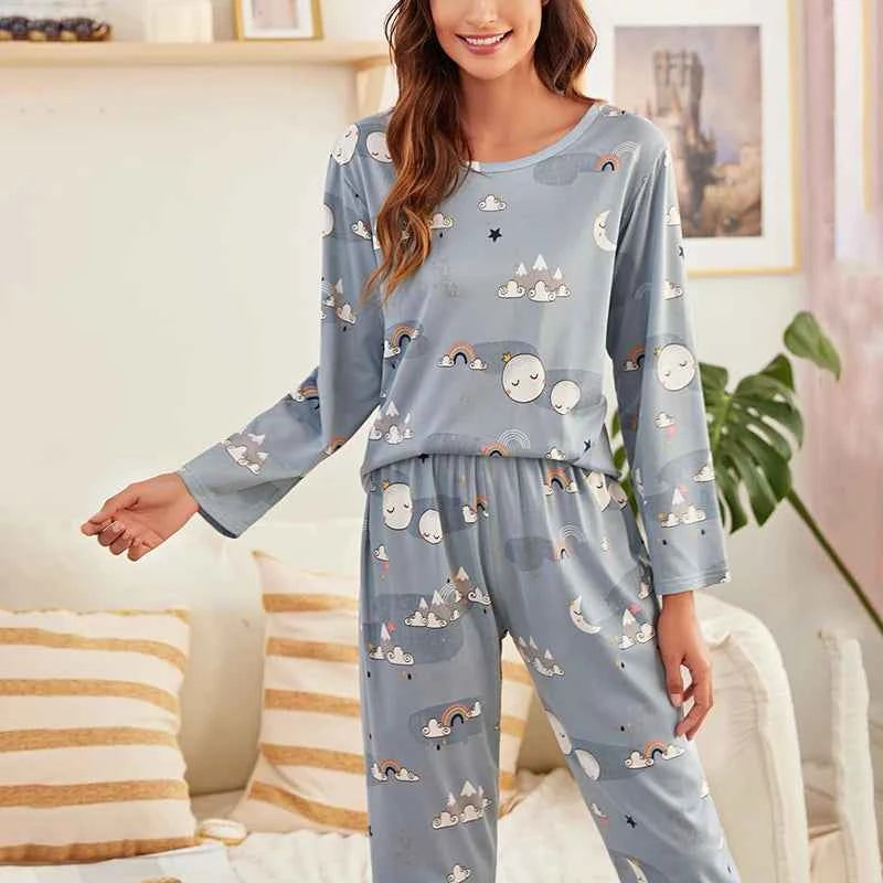 Women's Cartoon Pajama Set - Soft Short Sleeve Top and Long Pants Sleepwear for Ladies Homewear 0923B Blue