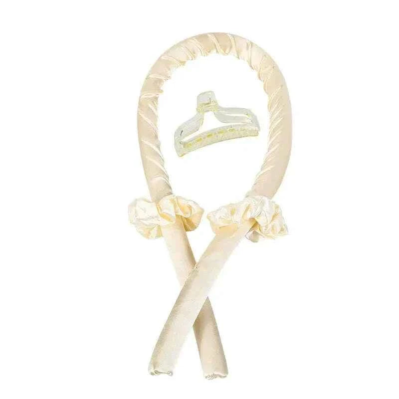 Heatless Curling Headband - Soft Silk Curls with No Heat Ribbon Hair Rollers for Effortless Hair Styling Champagne with Clip CHINA