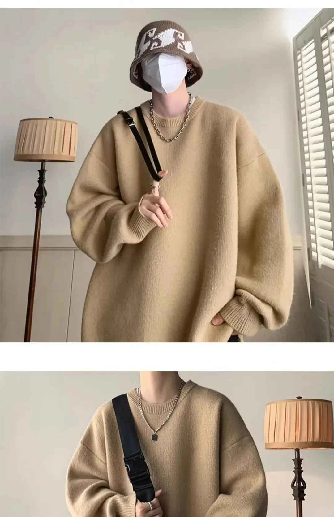 Winter Sweater Men Warm Casual Solid Color Knitted Pullover Men Oversized Korean Loose Round Neck Sweater Mens Jumper Clothes