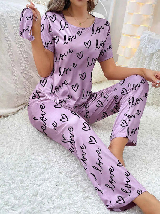 New Women's Pajamas Love Pattern, Casual Short Sleeve Trousers PURPLE