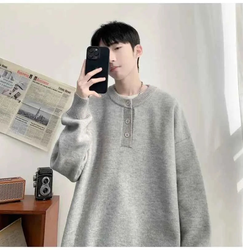 Cleanfit Men's Winter Thickened Warm Knitted Sweater Henry Collar Loose Lazy Style Solid Color Knitwear Long Sleeve Princess...