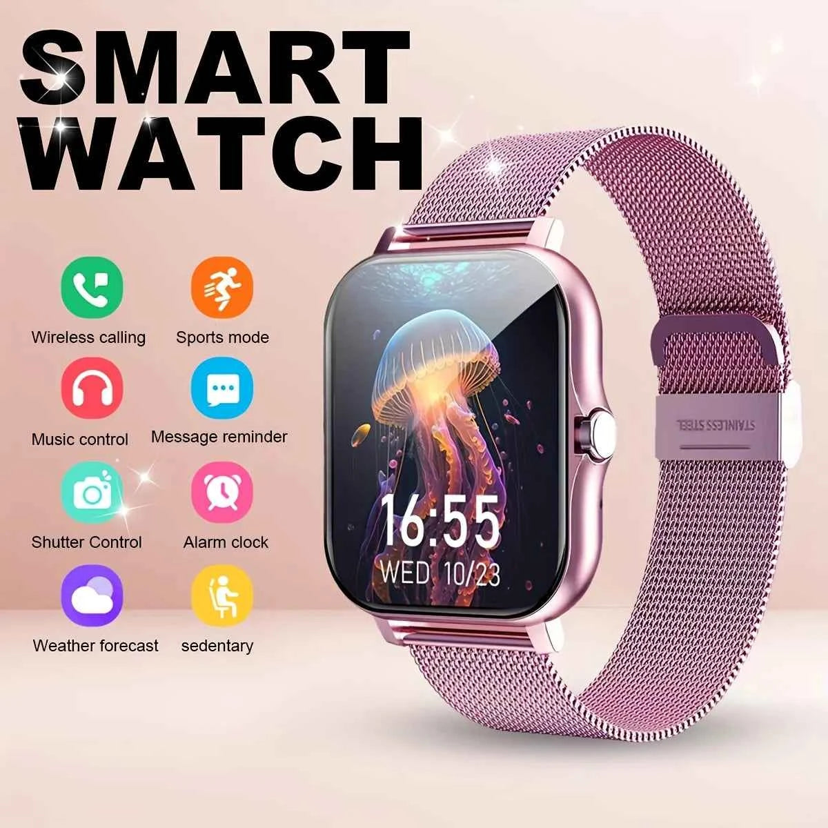2025New Upgrad Smart Watch For Men Women 1.83Inch Full Touch Display BT Call Sports Monitoring SmartWatch For Android&IOS Phone Pink Mesh Belt Sports Smart Watch