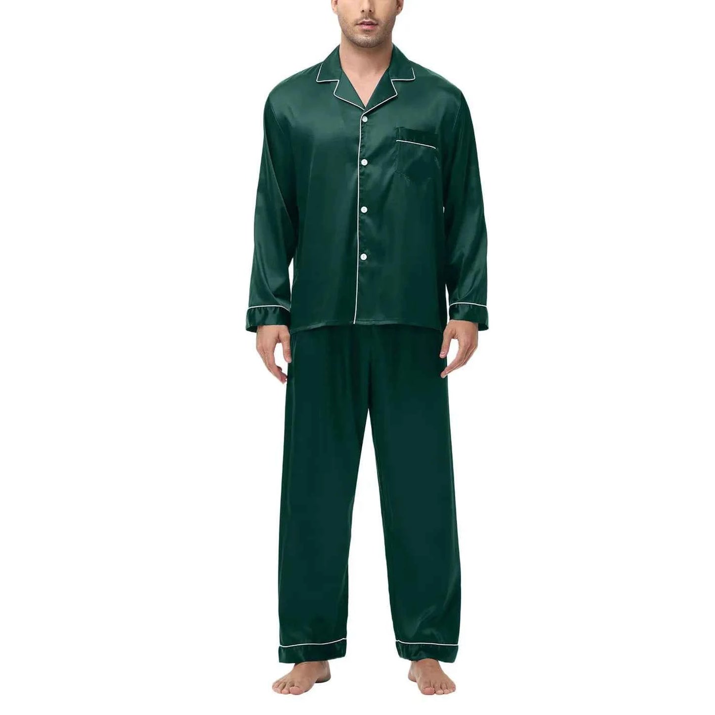 Men's Silk Satin Pajamas Set - Long Sleeve Sleepwear for Men, Soft Loungewear, S-2XL, Spring Nightwear Green-Solid