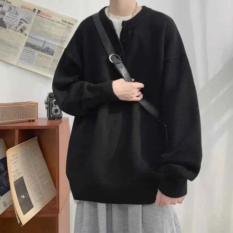 Cleanfit Men's Winter Thickened Warm Knitted Sweater Henry Collar Loose Lazy Style Solid Color Knitwear Long Sleeve Princess... black