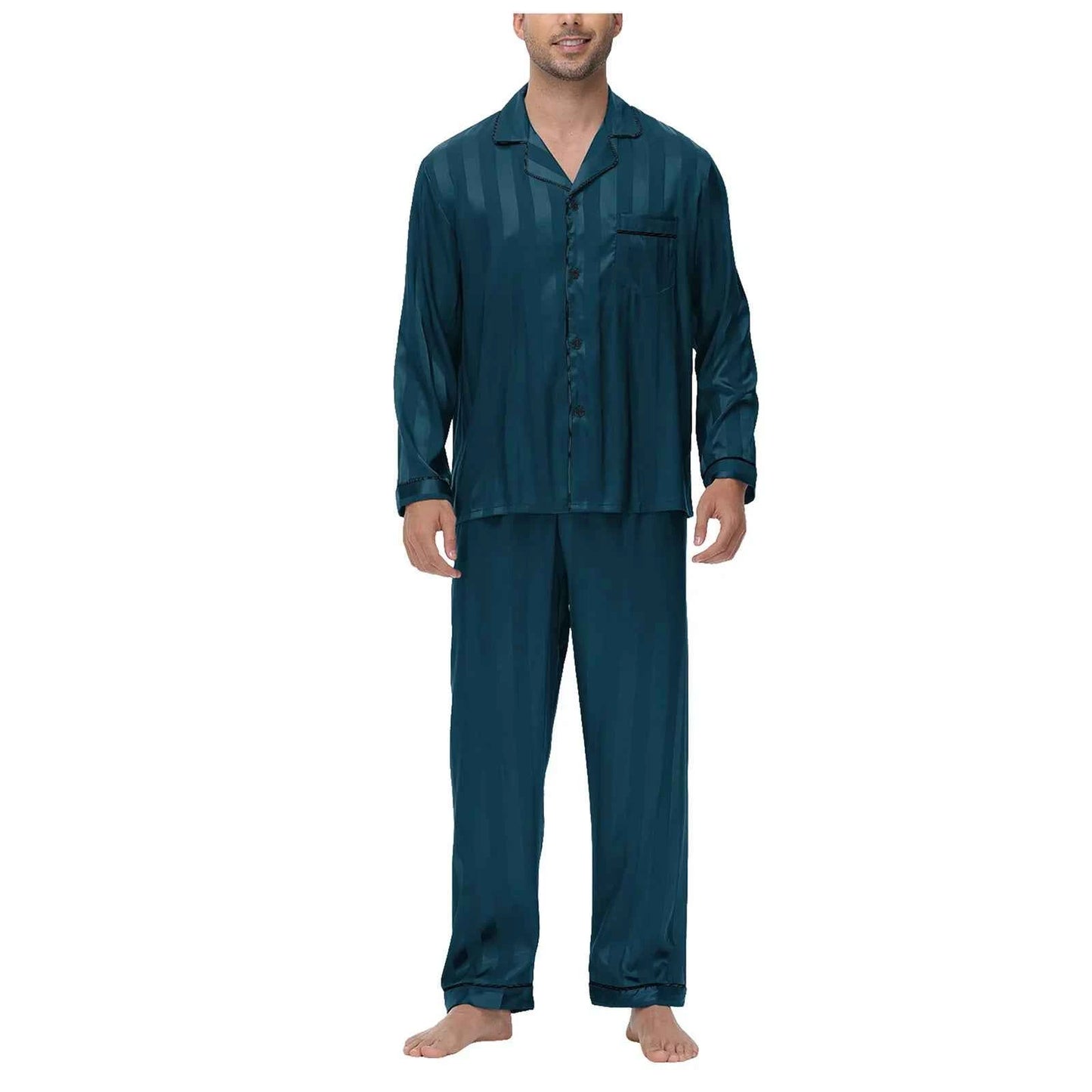 Men's Silk Satin Pajamas Set - Long Sleeve Sleepwear for Men, Soft Loungewear, S-2XL, Spring Nightwear Green-Stripe