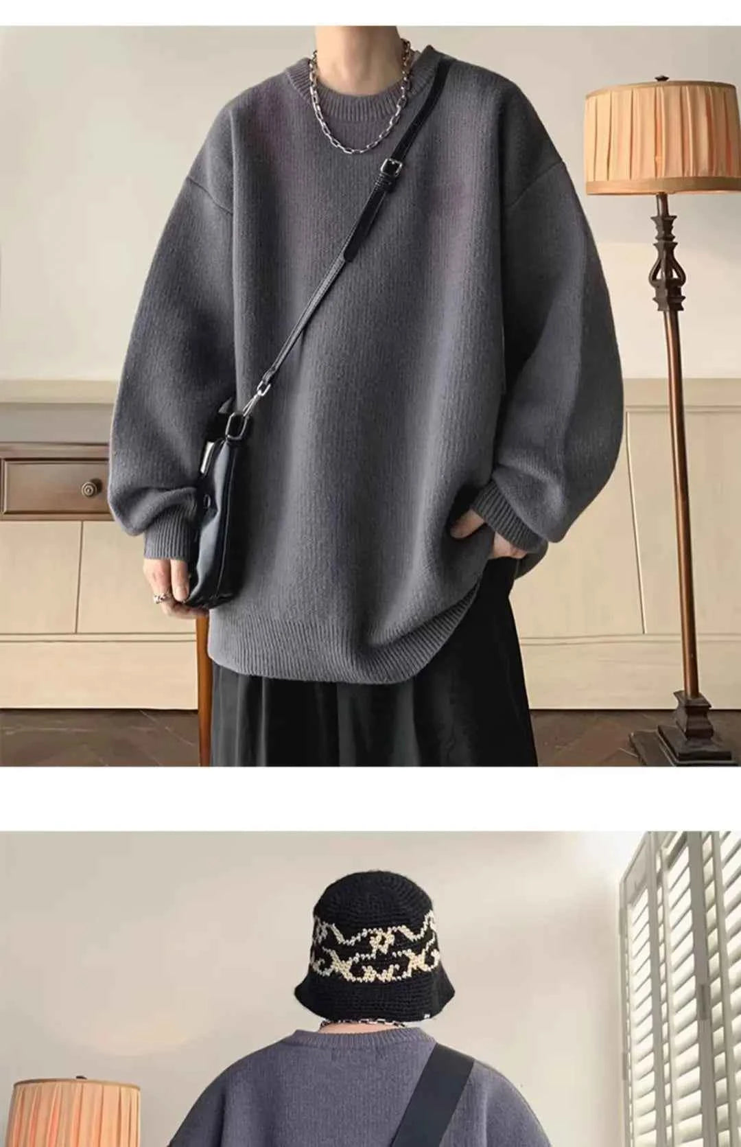 Winter Sweater Men Warm Casual Solid Color Knitted Pullover Men Oversized Korean Loose Round Neck Sweater Mens Jumper Clothes
