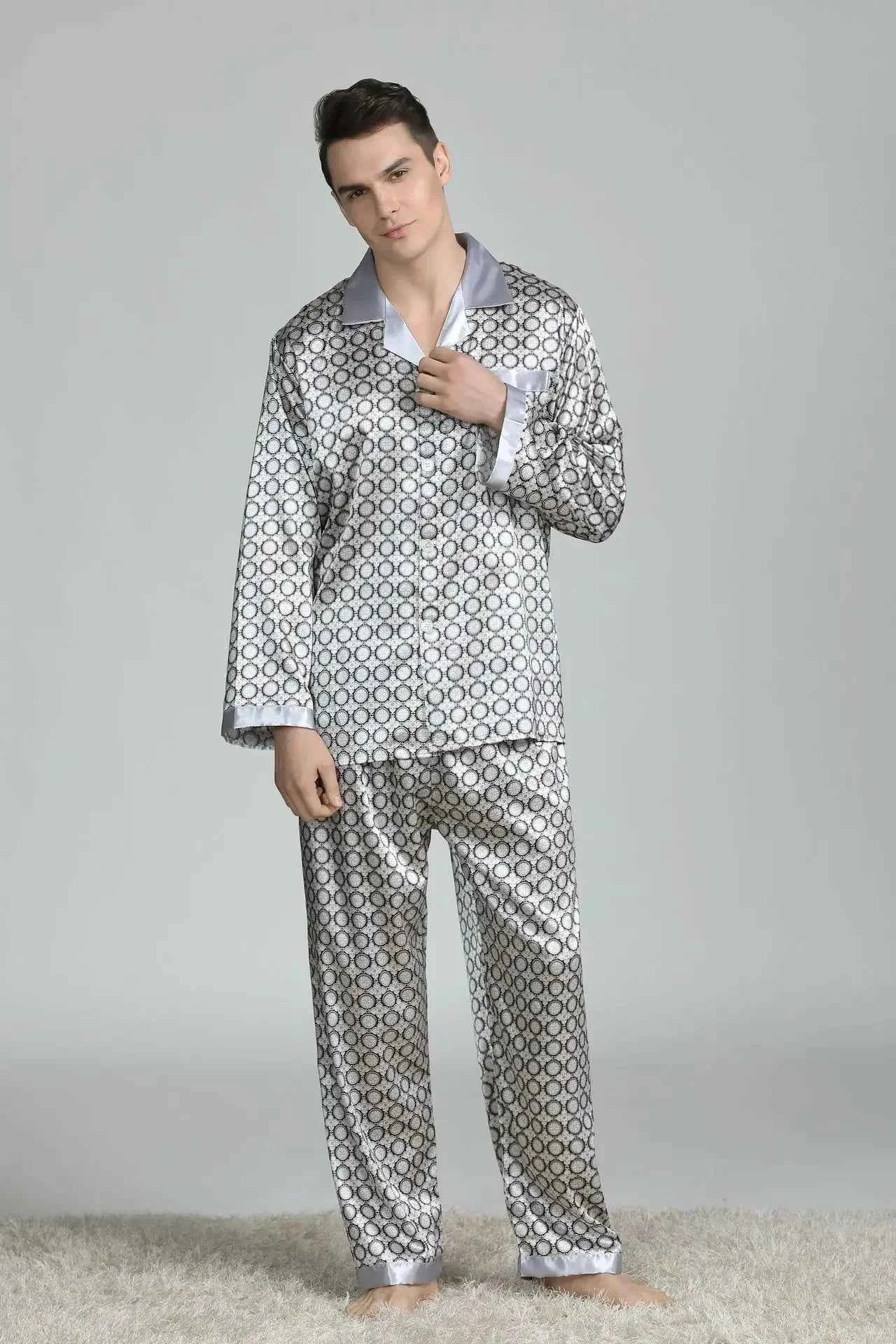 Silk Satin Pajamas for Men Sleepwear Cozy Soft Print Long Sleeve Nightgown Tops+ Trousers Two Pieces Mens Pajama Set