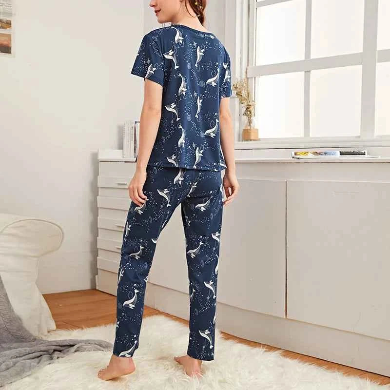 Women's Cartoon Pajama Set - Soft Short Sleeve Top and Long Pants Sleepwear for Ladies Homewear