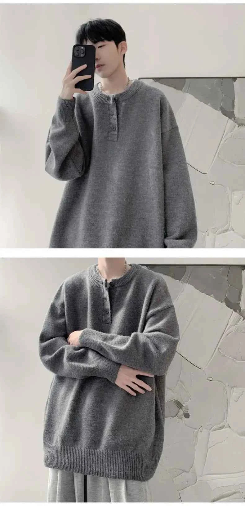 Cleanfit Men's Winter Thickened Warm Knitted Sweater Henry Collar Loose Lazy Style Solid Color Knitwear Long Sleeve Princess...