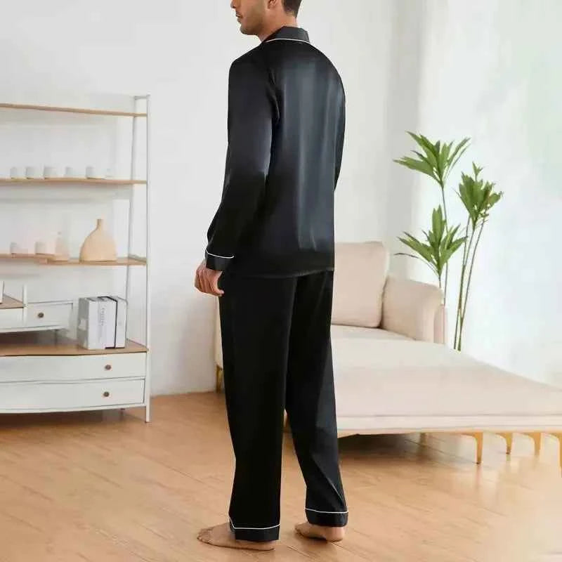 Men's Satin Pajama Set with Linter Lapel Collar, Long Sleeve Tops & Pants Sleepwear for Autumn Loungewear