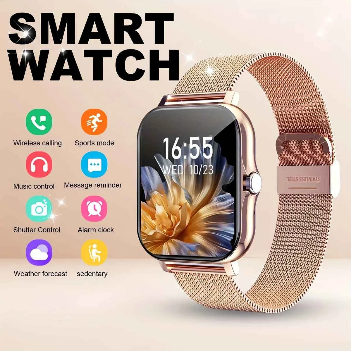 2025New Upgrad Smart Watch For Men Women 1.83Inch Full Touch Display BT Call Sports Monitoring SmartWatch For Android&IOS Phone Golden Mesh Belt Sports Smart Watch