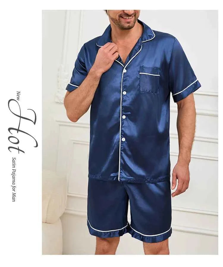 Men's Satin Pajama Set - Short Sleeve Sleepwear for Men with Button