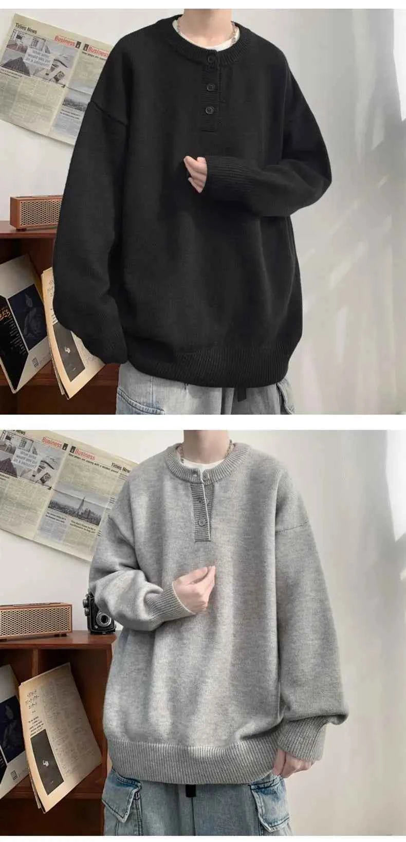 Cleanfit Men's Winter Thickened Warm Knitted Sweater Henry Collar Loose Lazy Style Solid Color Knitwear Long Sleeve Princess...