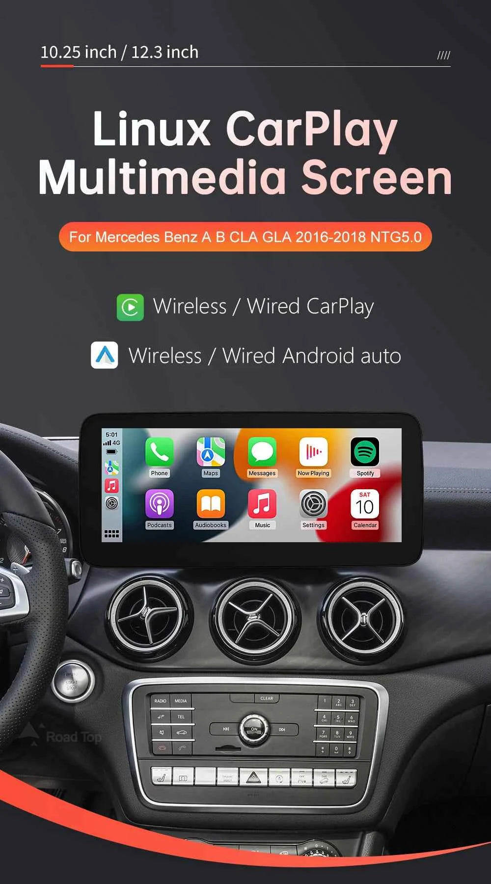 RoadTop Wireless CarPlay Display for Mercedes-Benz CLA GLA A Class W176 2016-2018 NTG5.0 TouchScreen